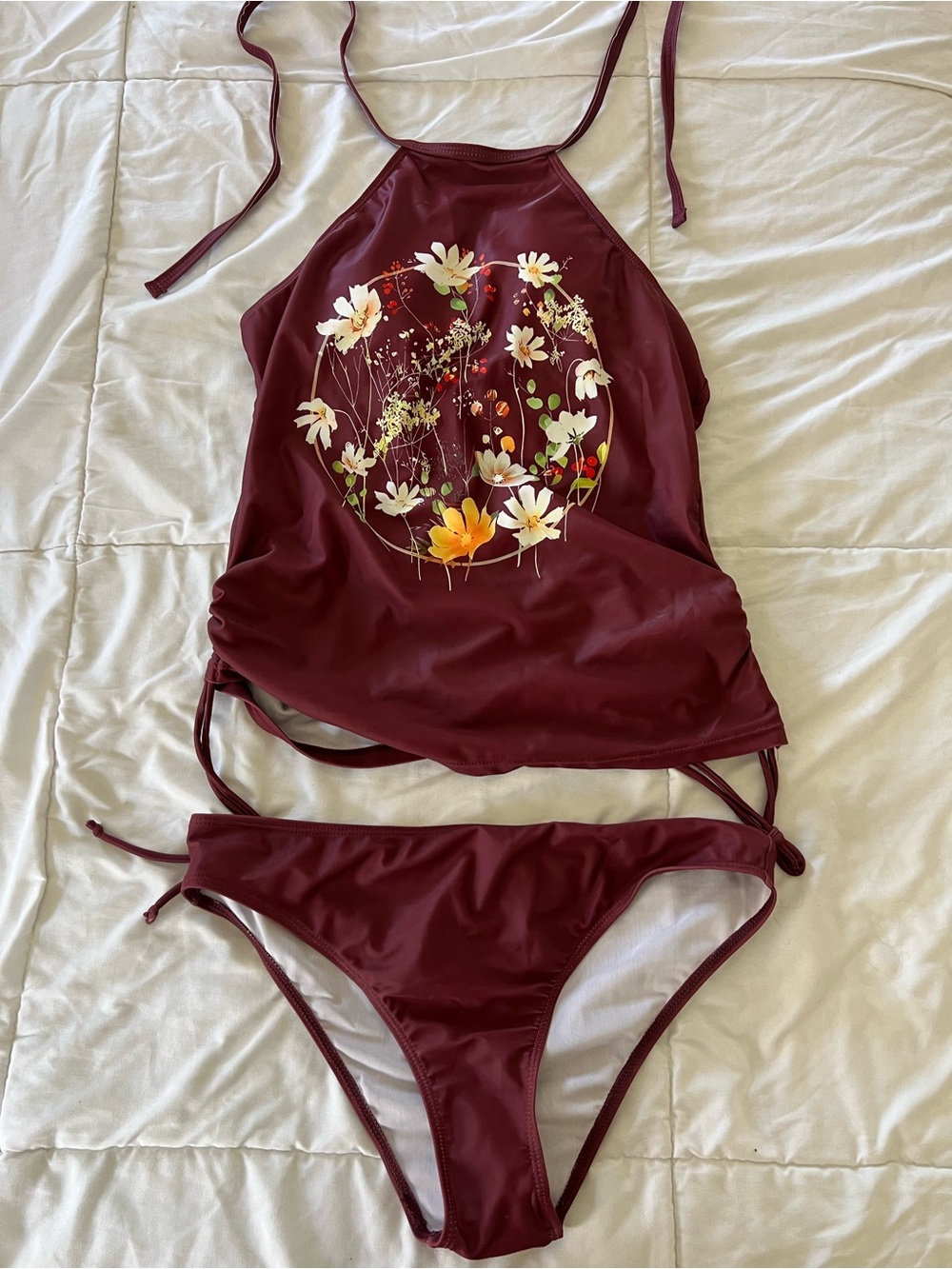 Women's Burgundy Floral High-Neck Two-Piece Swim Set